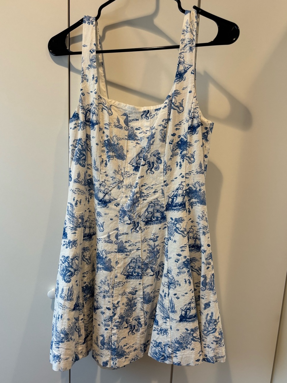 Avec Les Filles White and Blue Toile Mini Dress